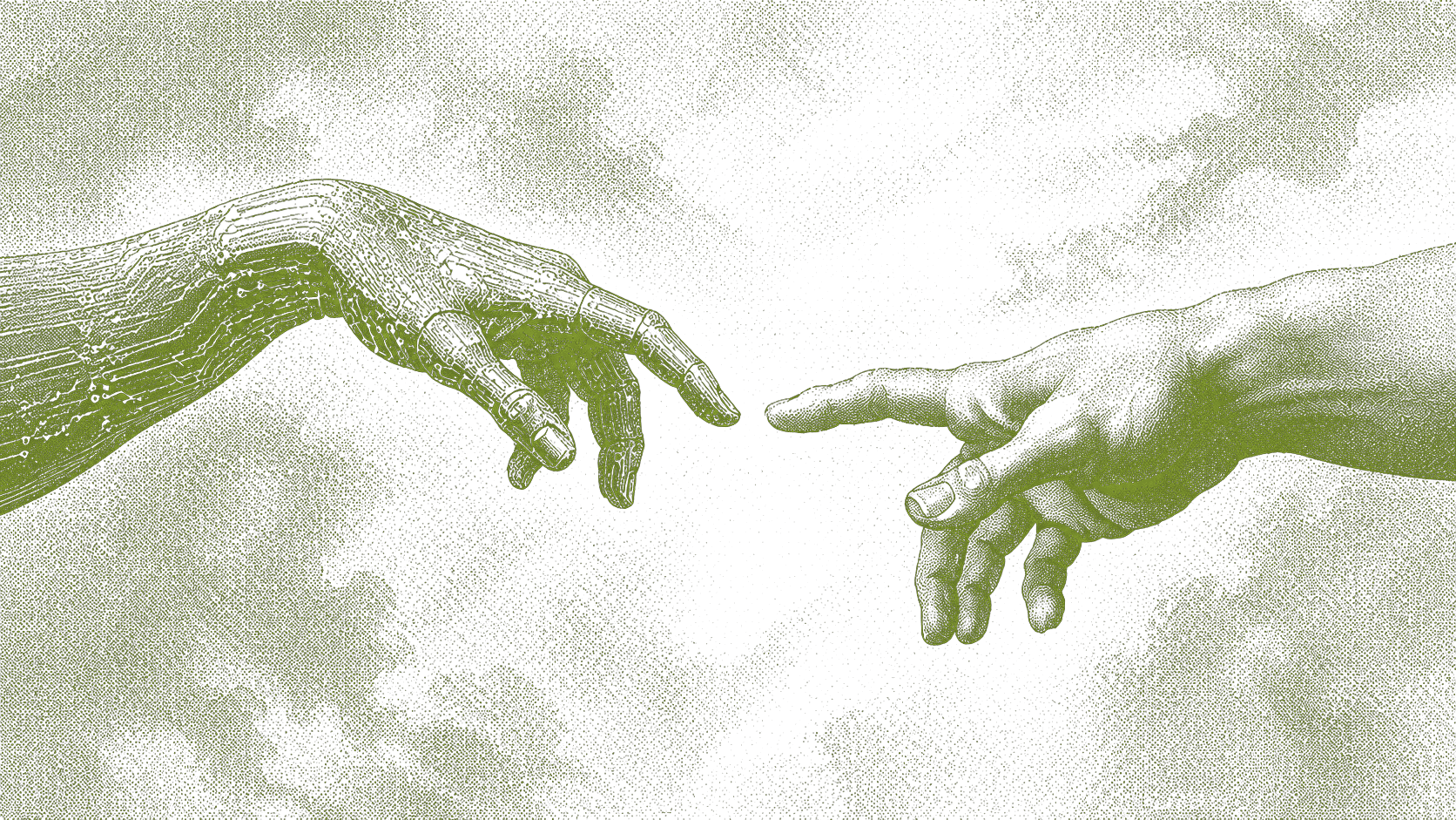 A mechanical agent hand and a human hand reaching toward each other