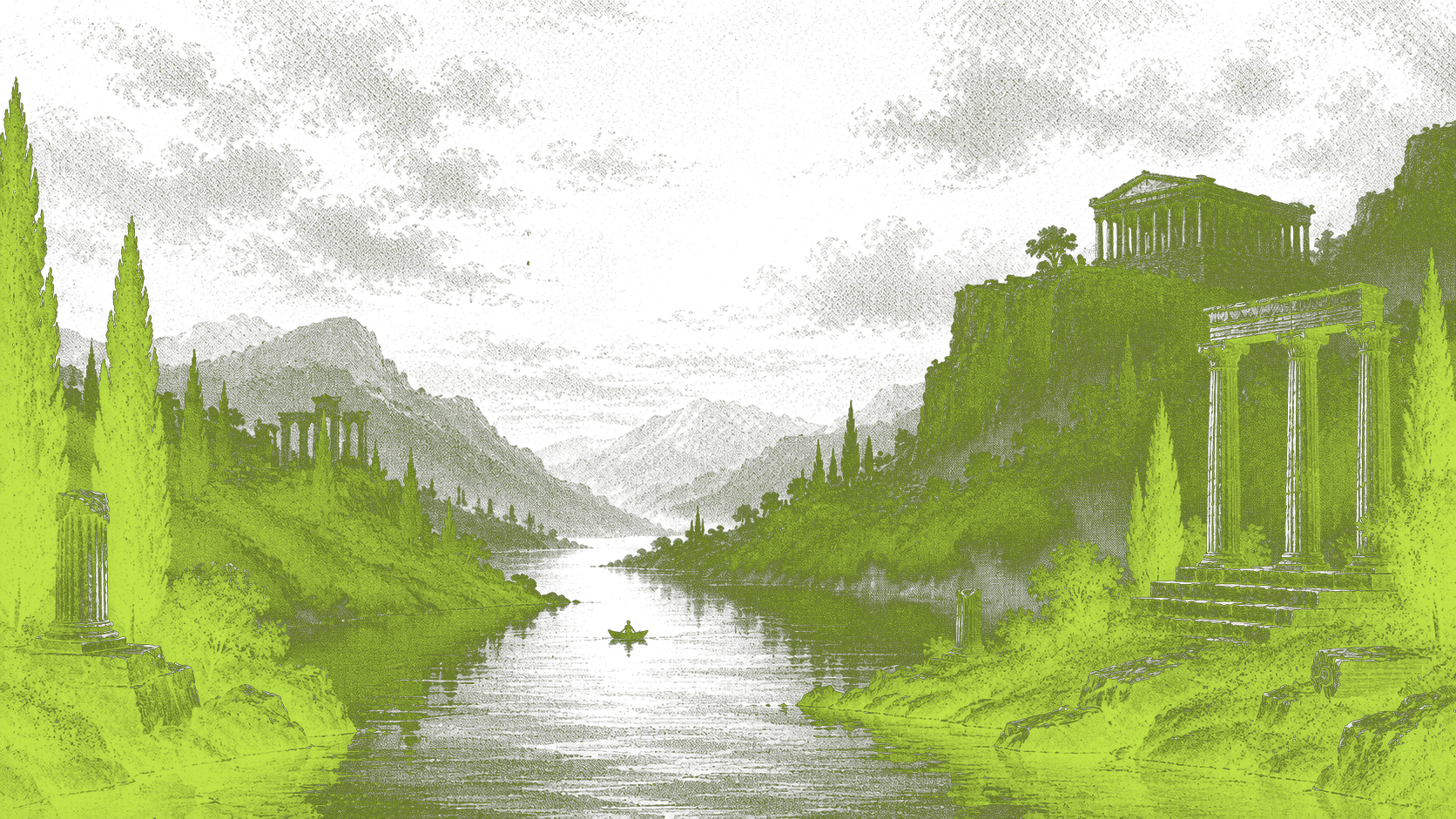 A lone boatman on a river running past ancient ruined temples