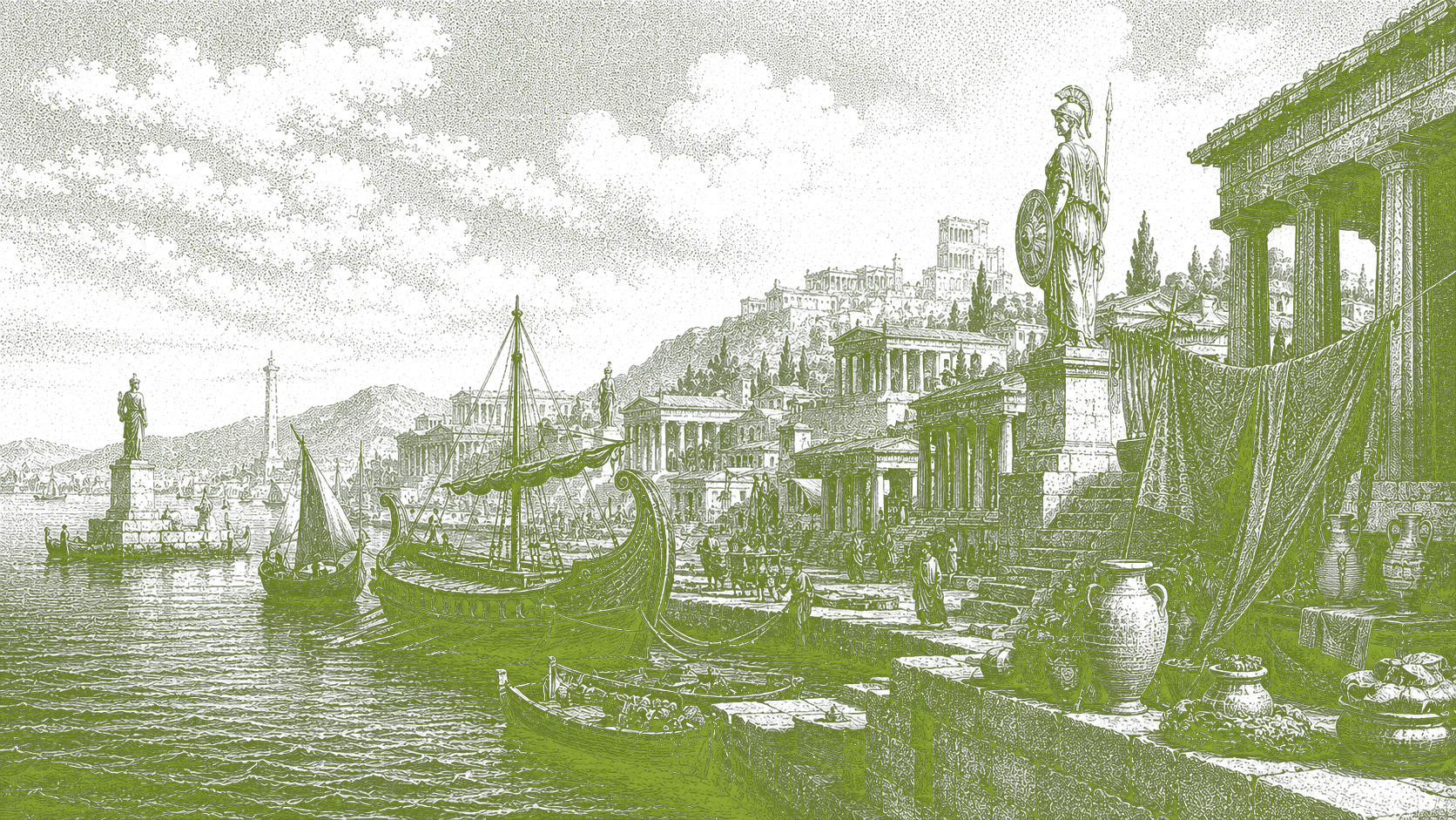 Ancient ships sailing on a misty sea