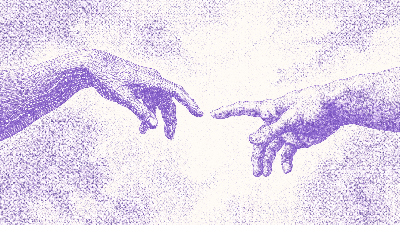 A mechanical agent hand and a human hand reaching toward each other