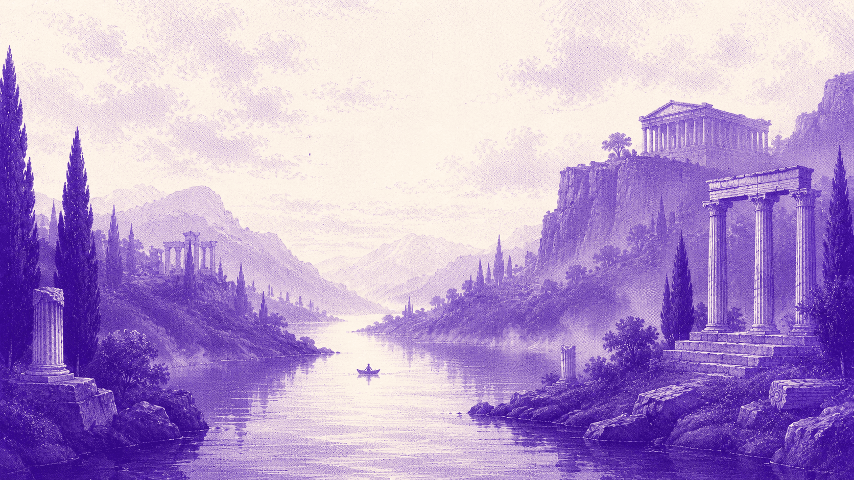 A lone boatman on a river running past ancient ruined temples