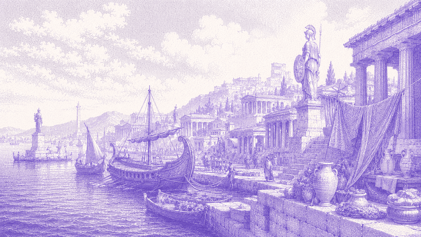 Ancient ships sailing on a misty sea